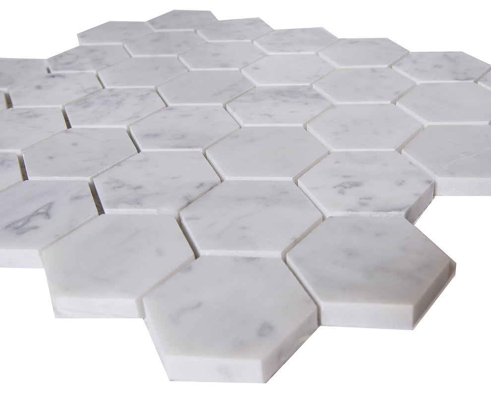 12"x10"Carrara White Marble Mosaic Tile, Hexagon, Polished, Set of 50