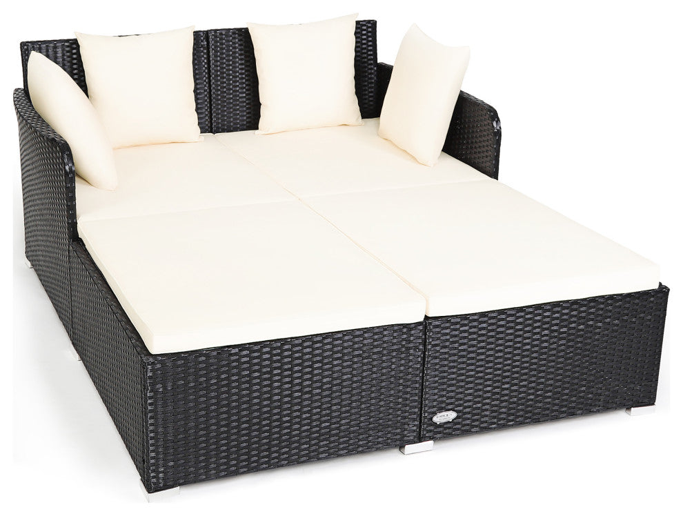 Costway Outdoor Patio Rattan Daybed Pillows Cushioned Sofa Furniture Biege