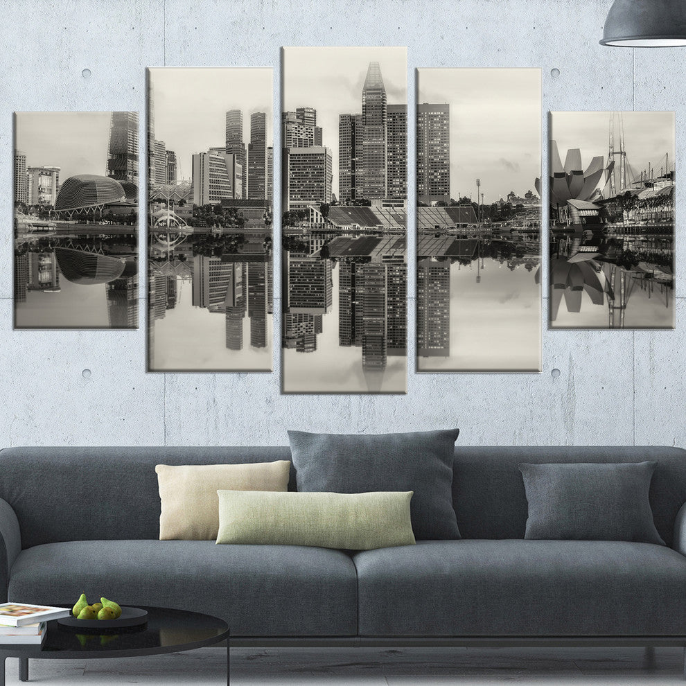 "Singapore Skyline View Panorama" Cityscape Artwork Canvas, 5 Panels, 60"x32"