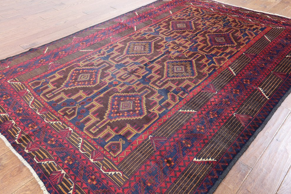 Tribal Geometric Blue Afghan Hand-Knotted Wool Rug, 6'x9'