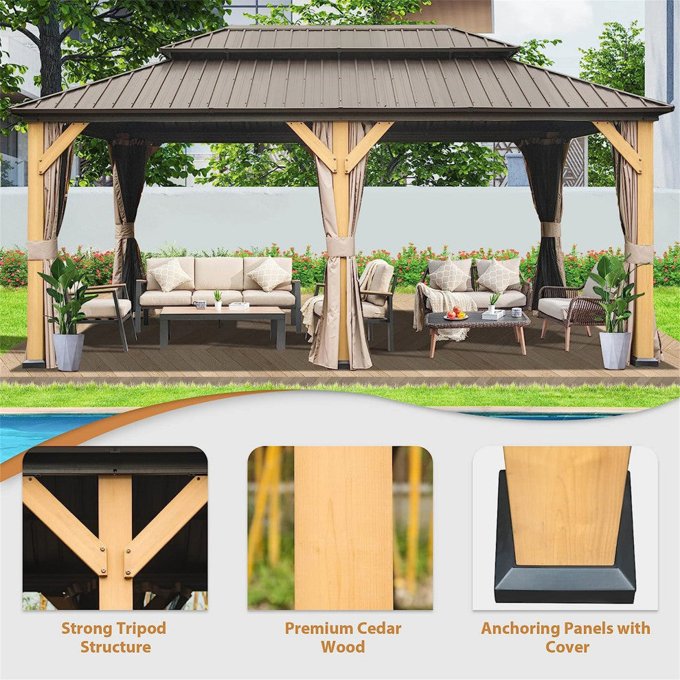 Cedar Wood Gazebo with Galvanized Steel Double Roof, 12'x20'
