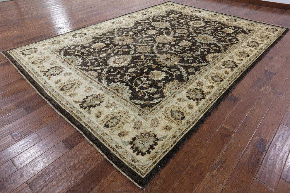 Oushak Style Brown Chobi Peshawar Hand-Knotted Wool Rug, 9'x13'