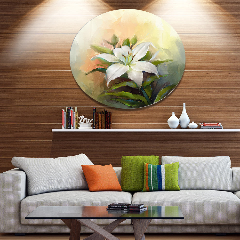 White Lily Flower Oil Painting, Floral Disc Metal Wall Art, 23"
