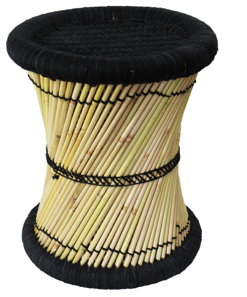 Natural Geo Moray Decorative Handwoven Jute Accent Stool, Black