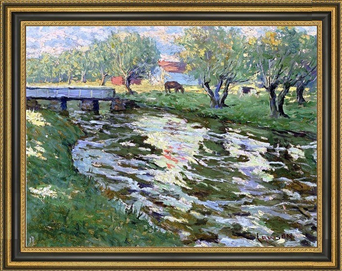 Ernest Lawson Horses Grazing by a Stream Framed Premium Canvas Print, 21"x28"