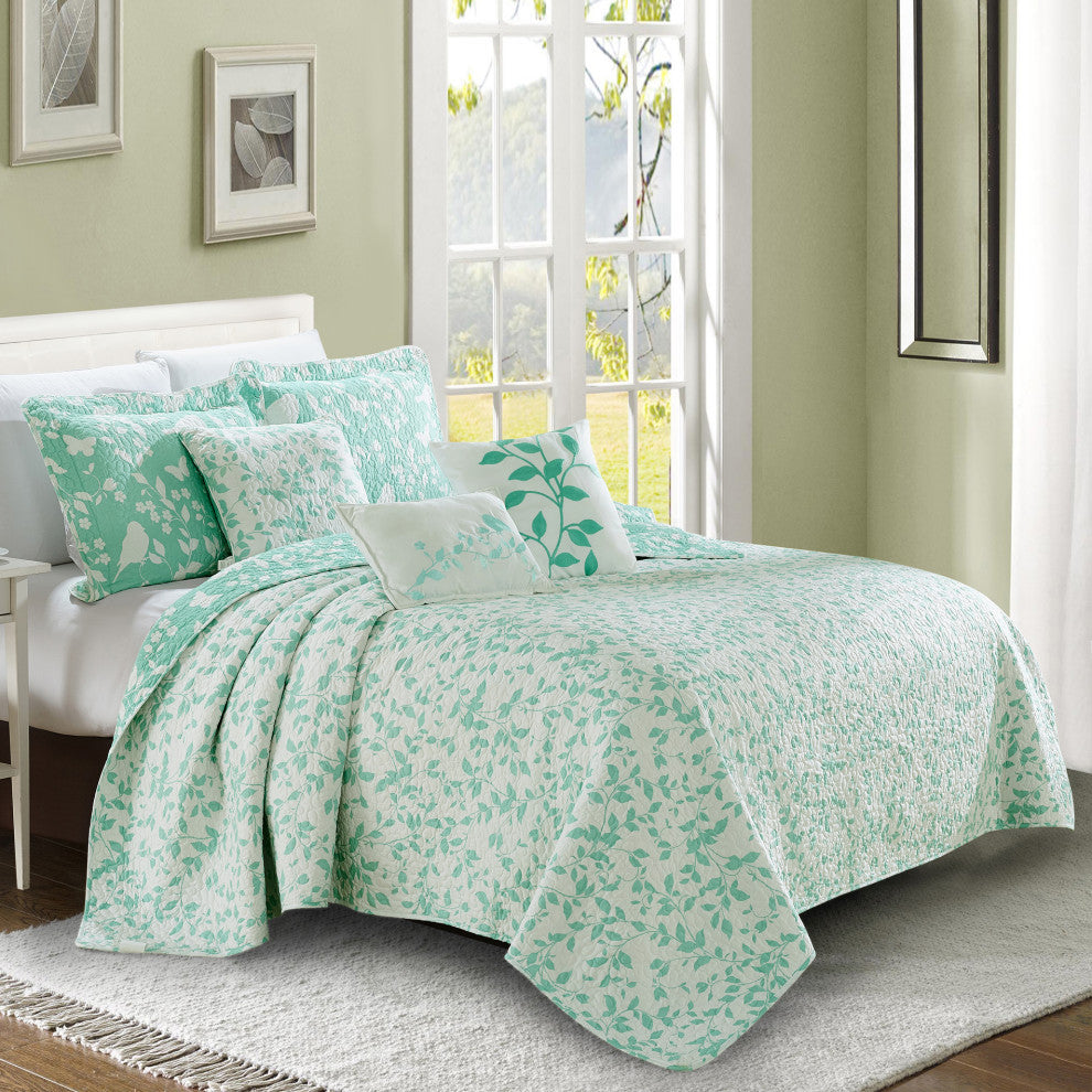 Birdsong 6-Piece Bed Spread Set, Green, Jumbo King / Cal King, 122"x106"