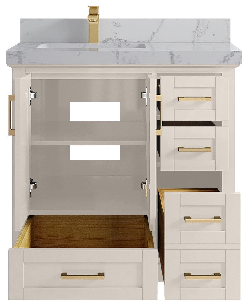 Boston 36" Left Offset Bath Vanity in Fine Grain 2" Venatino Quartz