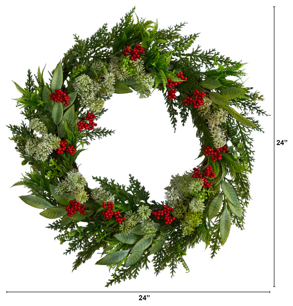 W1273 24 Cedar, Eucalyptus and Berries Artificial Christmas Wreath