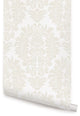 Classic Damask Peel and Stick Vinyl Wallpaper, Beige on White, 24"w X 108"h