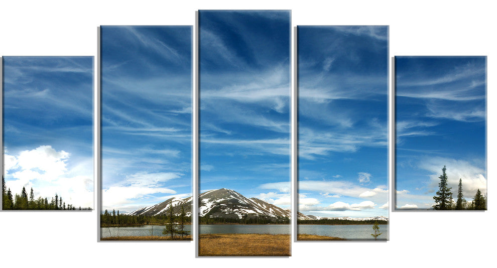 "Mountain and Lake Under Blue Sky" Wall Art, 60"x32", 5-Panels