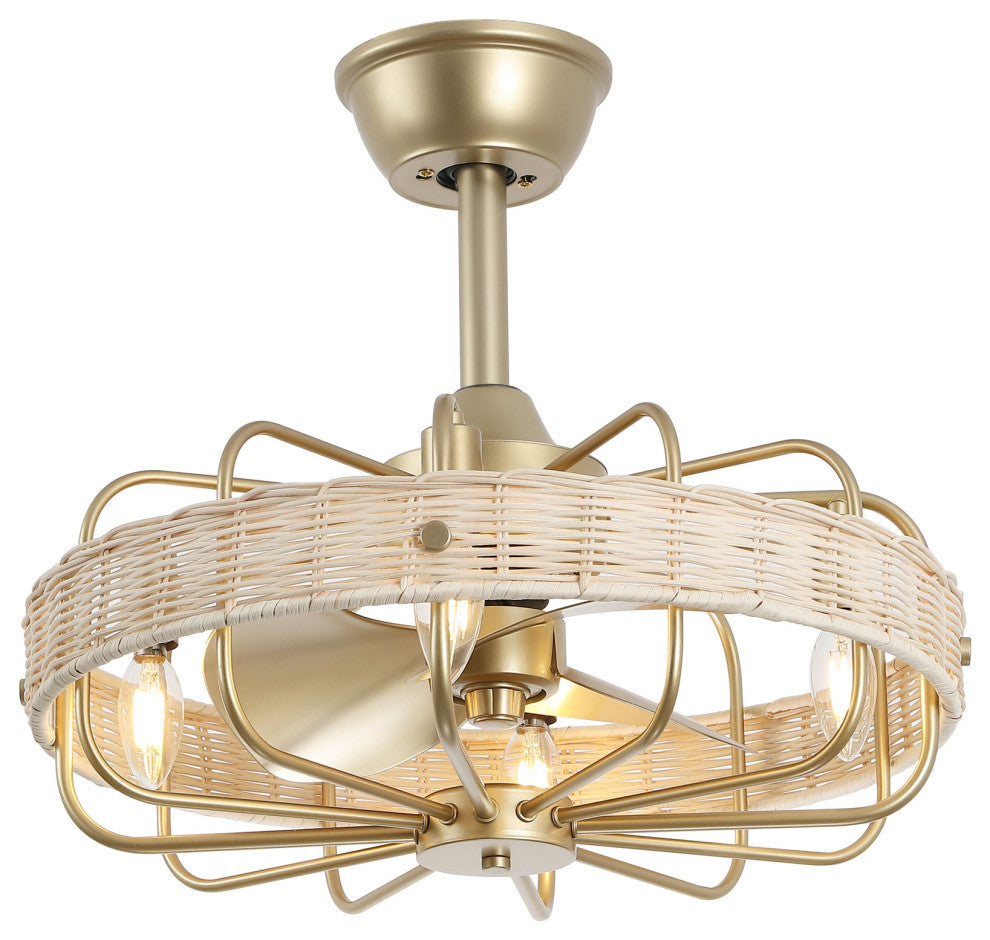 GetLedel 18" Rattan Ceiling Fan With Remote and Light, Gold/Beige