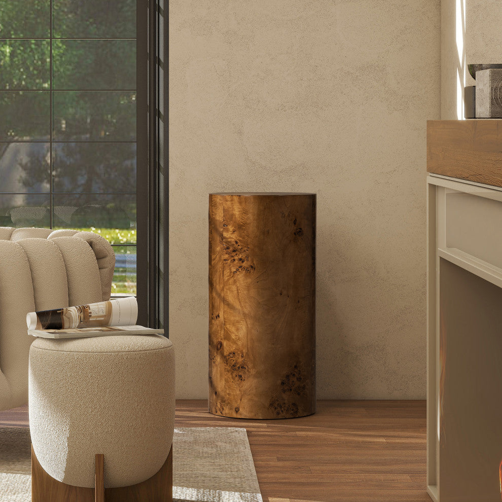 Nebula 29.5" Burl Wood Accent Pillar Side Table, Medium Brown Walnut