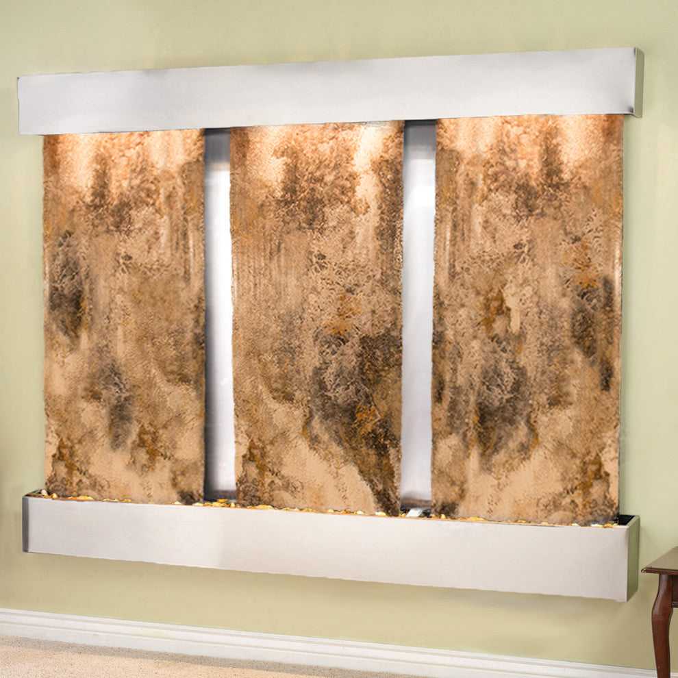 Deep Creek Falls Fountain, Magnifico Travertine, Stainless Steel, Square