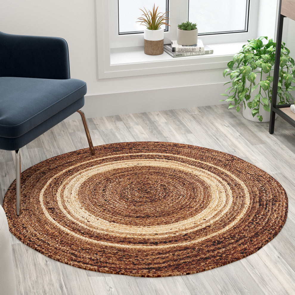 Natural Fiber Jute Area Rug - Braided Indoor Jute Rug - Natural Area Rugs, 4' Ro