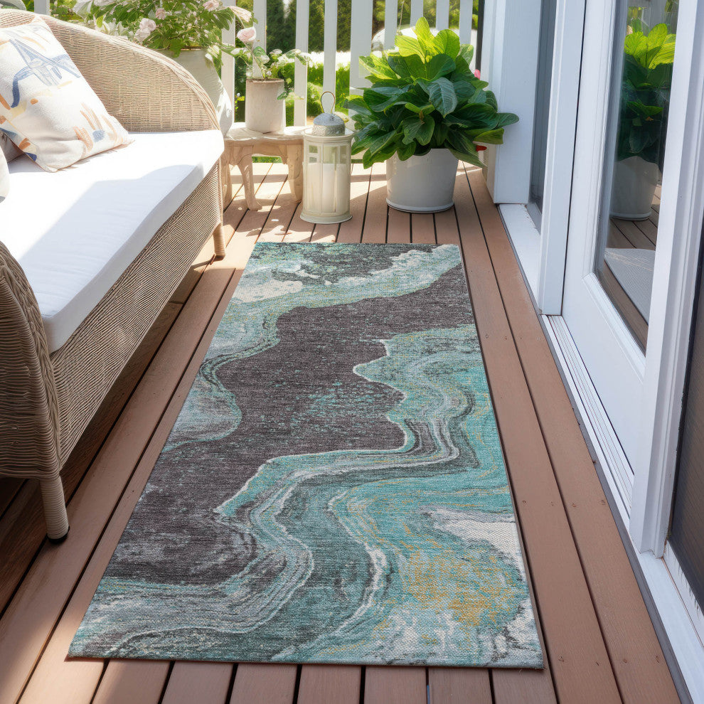 Machine Washable Indoor/Outdoor Chantille ACN1907 Teal 2'3" x 7'6" Runner Rug