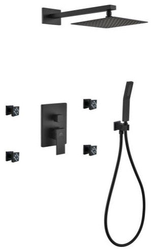 Aqua Piazza Set, 8" Square Rain Shower, 4 Body Jets and Handheld, Matte Black