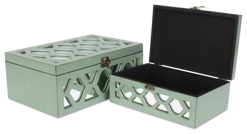 Moroccan Mirrored Wooden Boxes, Blue, Set of 2, Blue