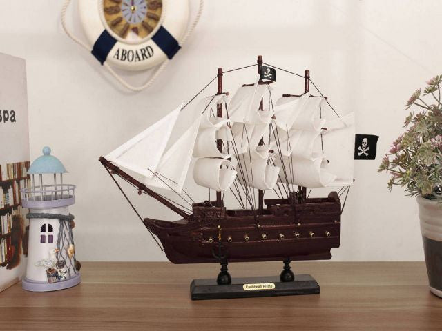 Wooden Caribbean Pirate White Sails Model Pirate Ship 12''