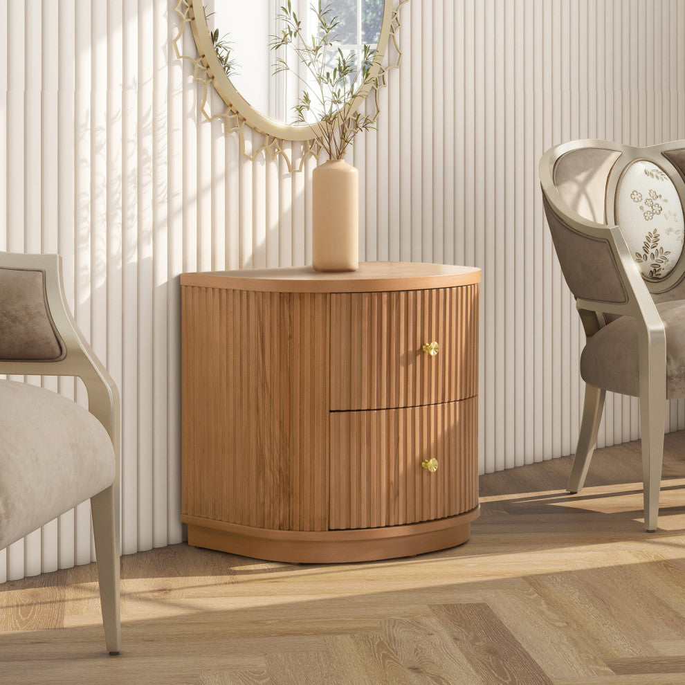 Valentine 24" 2-Drawer Fluted Storage Side Table, Natural Brown Beech Wood