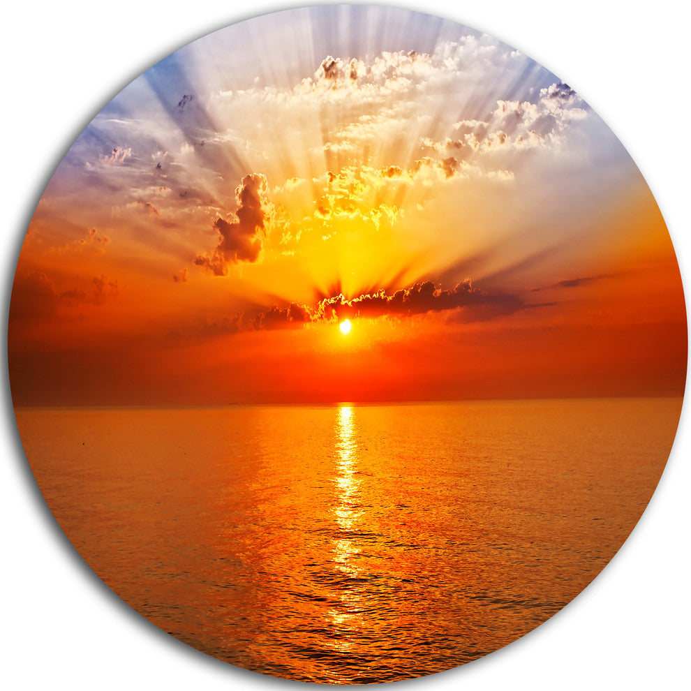 Orange Sea Sunrise Under Blue Sky, Seashore Disc Metal Wall Art, 11"