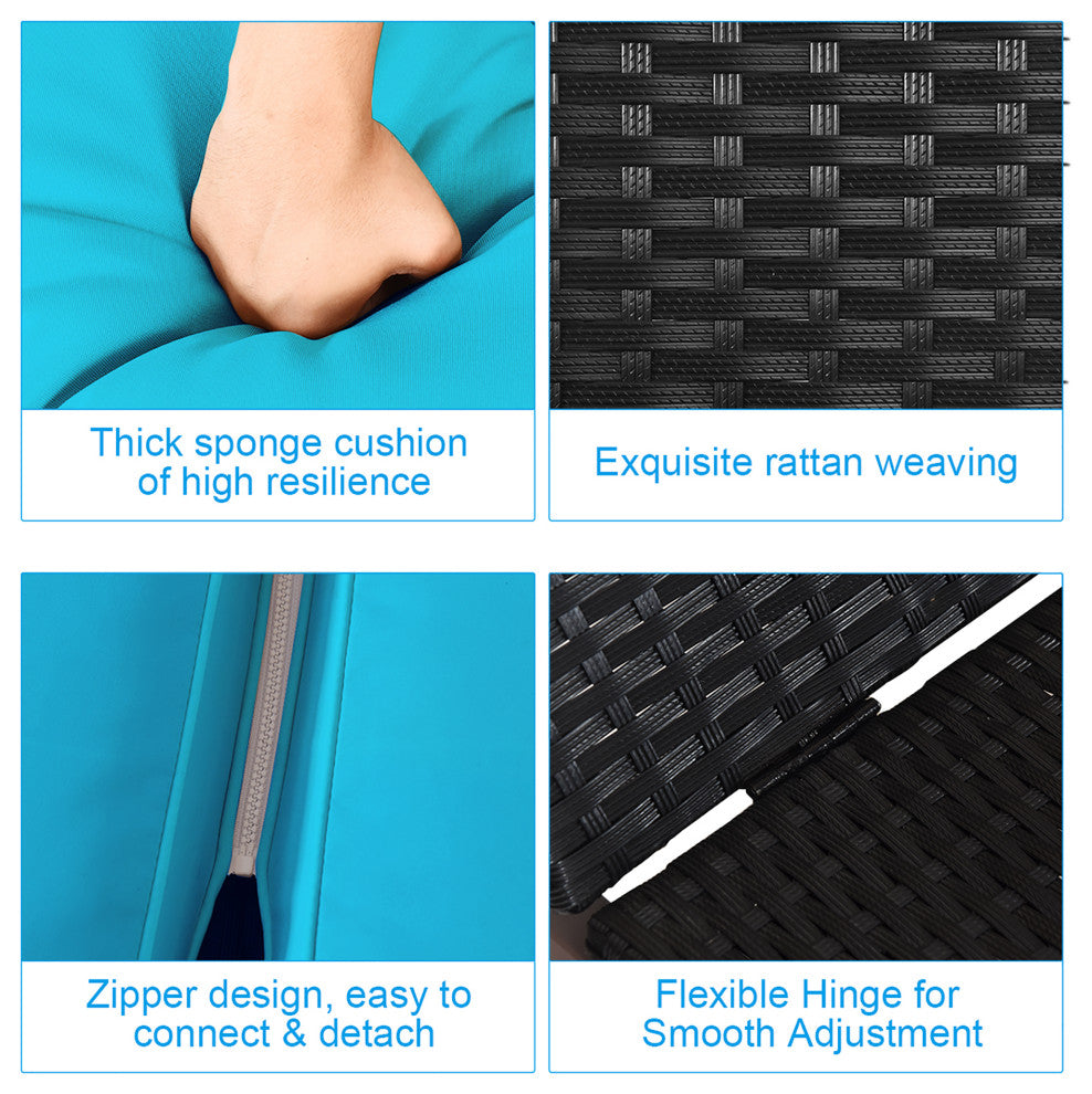 Costway 2-Person Patio Rattan Lounge Chair Chaise Adjustable Cushion Turquoise