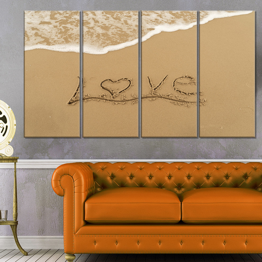 "Love Written on Sandy Seashore" Seascape Wall Art, 4 Panels, 48"x28"