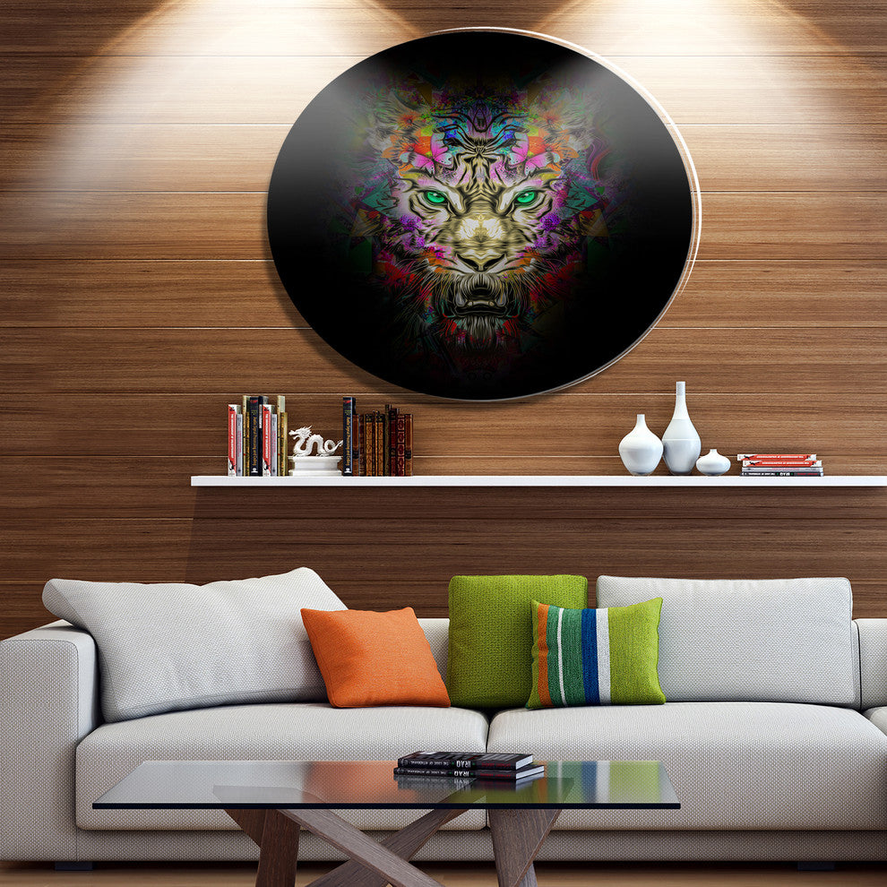 Fierce Tiger Head On Black, Animal Round Metal Wall Art, 36"