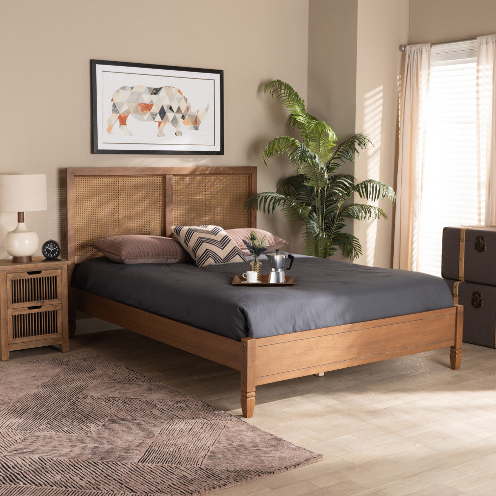 Redmond Mid-Century Brown Finished Wood Synthetic Rattan King Size Platform Bed