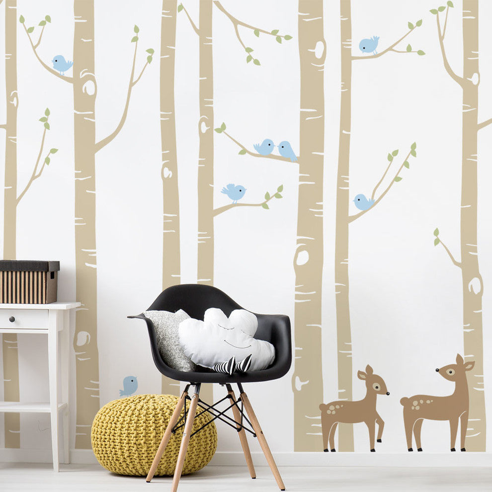 Birch Tree with Bird and Deer Wall Decals, Scheme A, Large