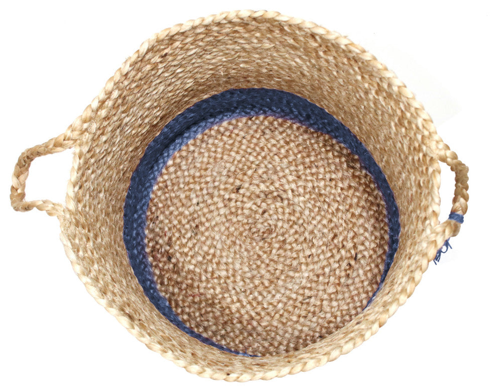 Two-Tone Natural Jute Woven Decorative Basket with Handles, Sapphire Blue, 17"