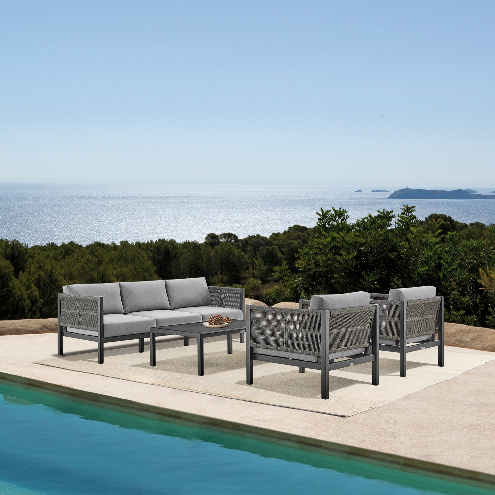 Cuffay 4-Piece Outdoor Furniture Set, Brown Aluminum And Rope With Cushions, Black