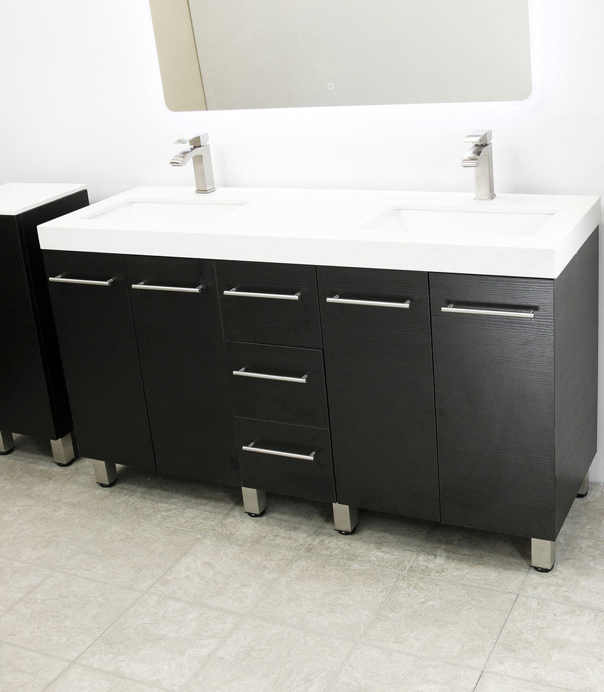 Windbay 60" Free Standing Double Vanity, Black, White Quartz Under Mount Counter
