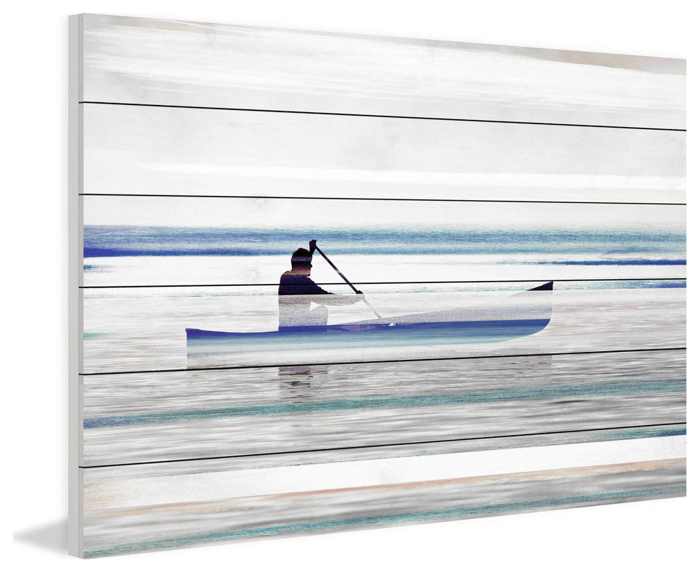 "Canoe on Calm Lake" Print on White Wood, 36"x24"