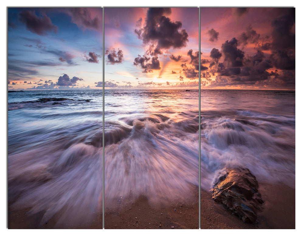 Beautiful Sea Waves At Sunset, Beach Photo Canvas Print, 36x28, 3 Panels