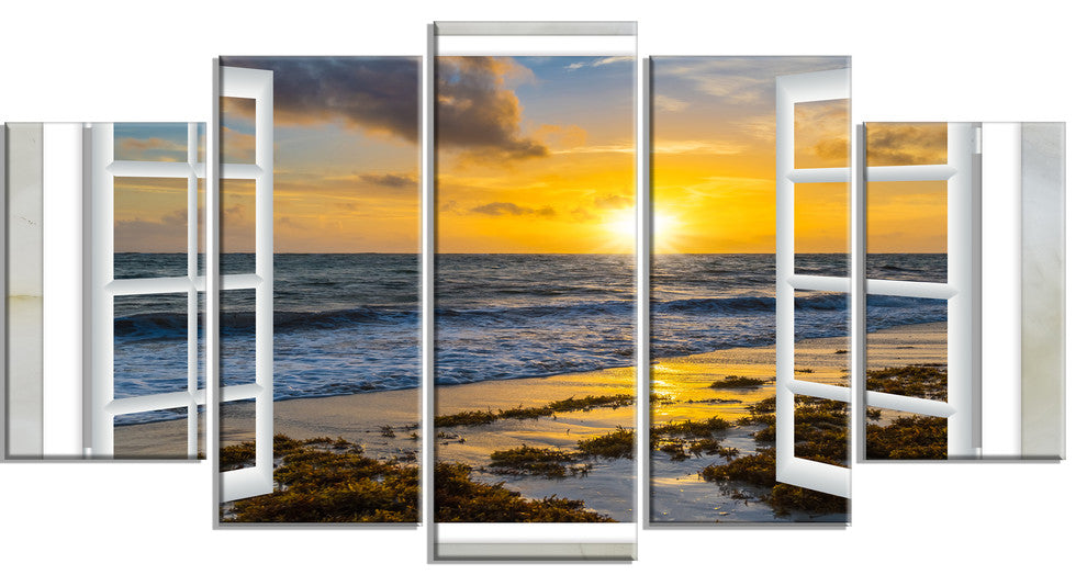 "Open Window To Bright Yellow Sunset" Modern Wall Art, 5 Panels, 60"x32"