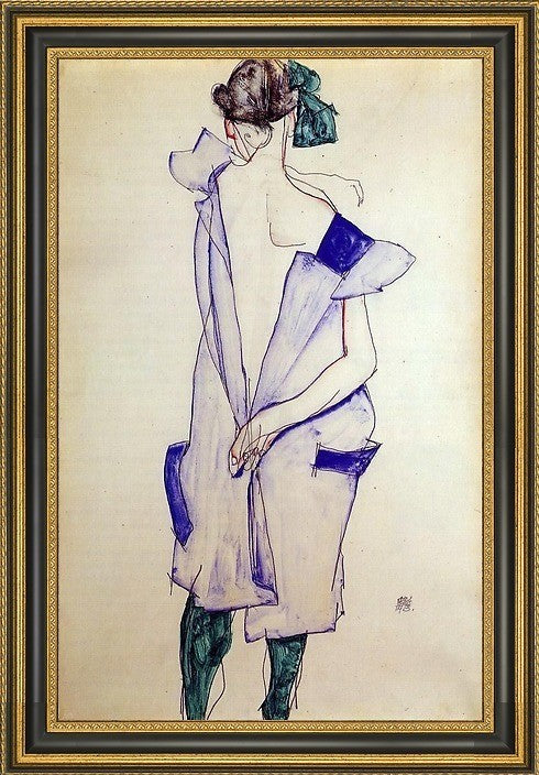Egon Schiele Standing Girl Blue Dress Green Stockings  Back View