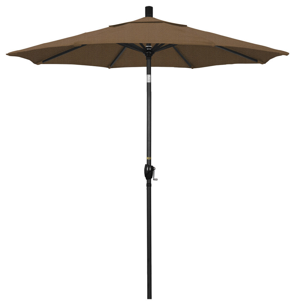 7.5' Matted Black Push-Button Tilt Crank Aluminum Umbrella, Woven Sesame Olefin