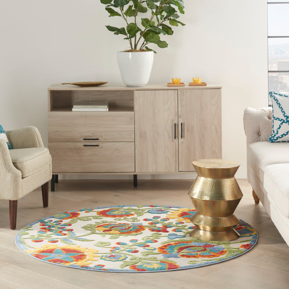 Nourison Aloha 4' x Round Ivory Multicolor Farmhouse Rug