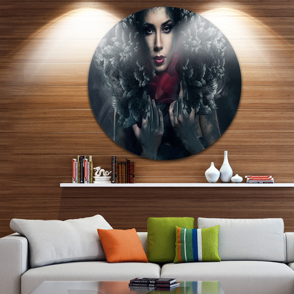 Passionate Woman In Feather Hood, Art Portrait Disc Metal Wall Art, 23"
