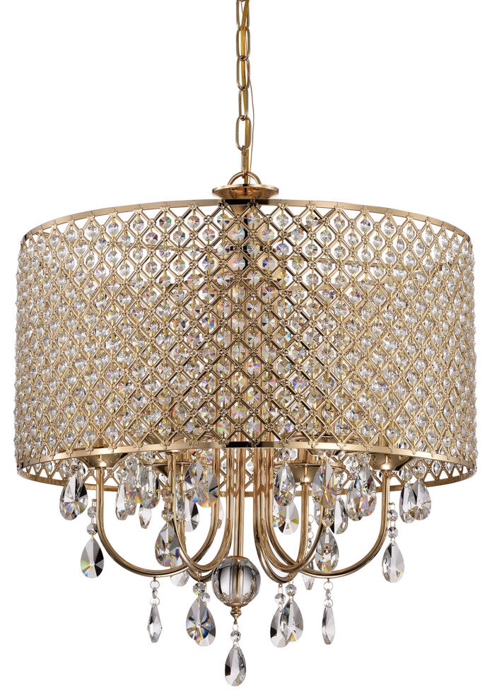 6-Light Gold Round Beaded Drum Chandelier With Hanging Crystals