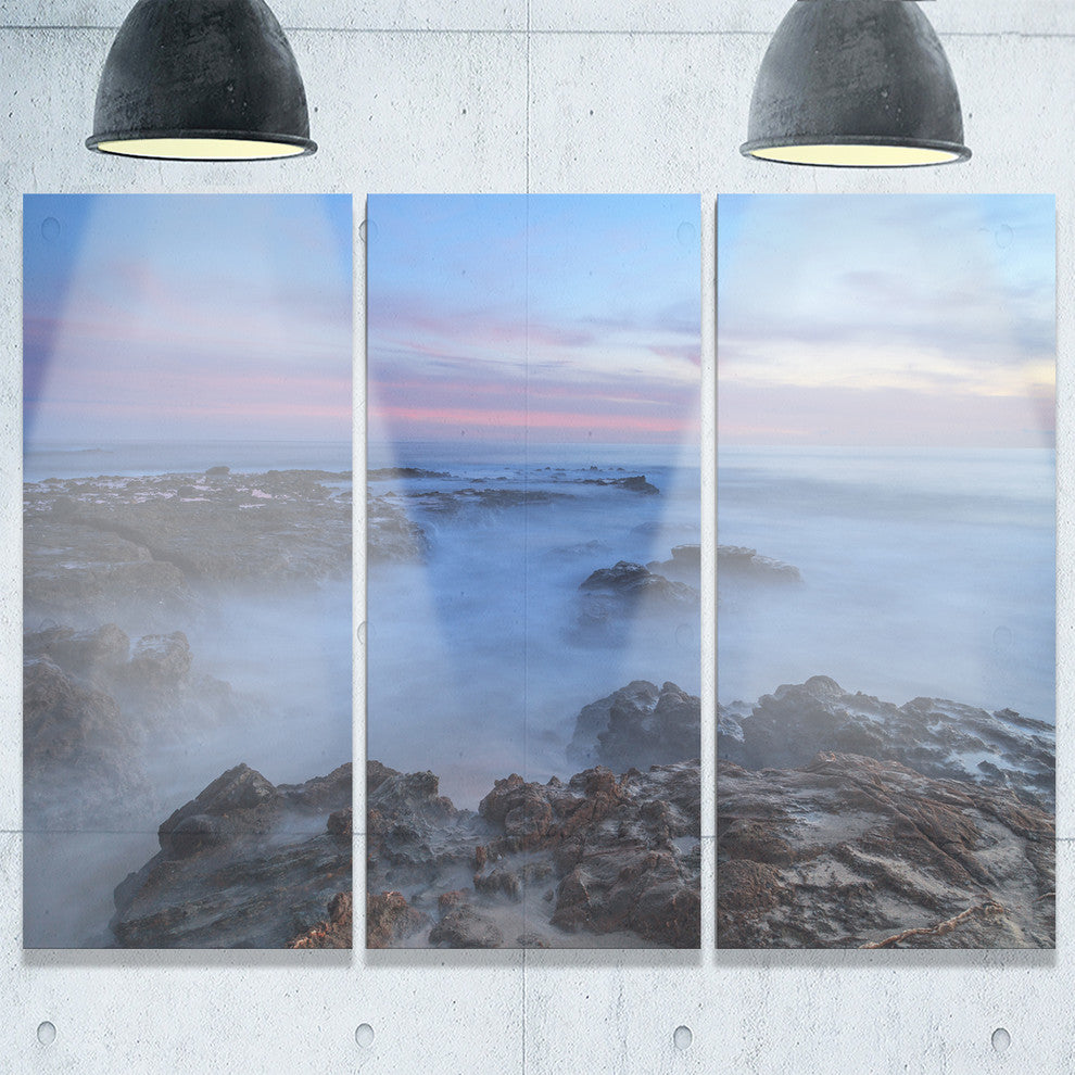 "Long Exposure at Sunset Over Rocks" Beach Metal Wall Art, 3 Panels, 36"x28"