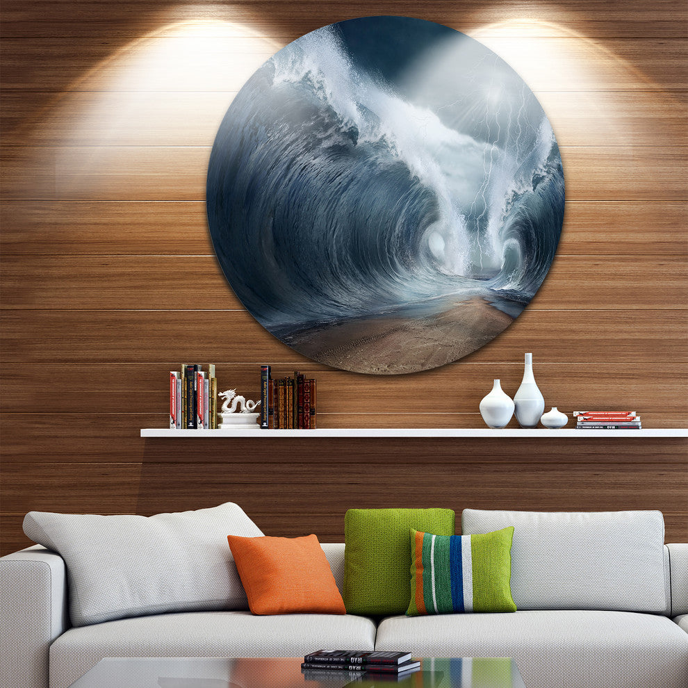 Waves Over The Parted Sea Path, Seashore Round Metal Wall Art, 36"