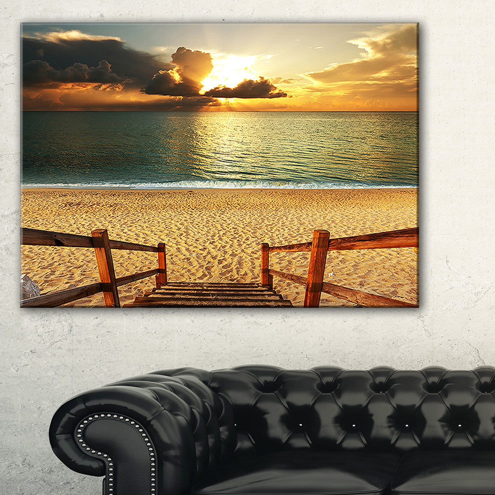 "Boardwalk Stair Into Sandy Beach" Large Sea Bridge Canvas Print, 32"x16"