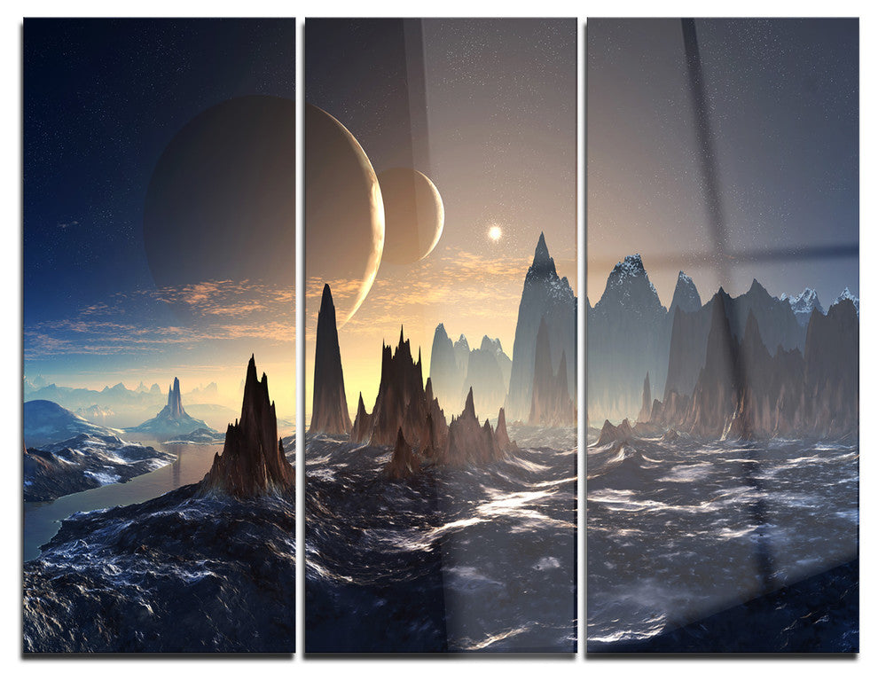 "Alien Planet With Mountains" Metal Wall Art, 3 Panels, 36"x28"