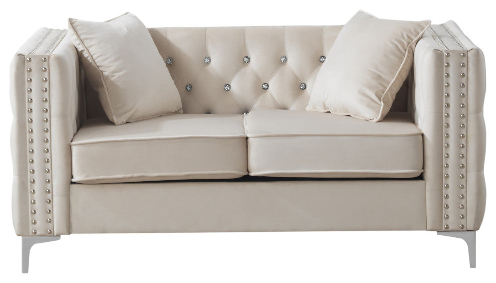 Paige Velvet Tufted Loveseat, Ivory