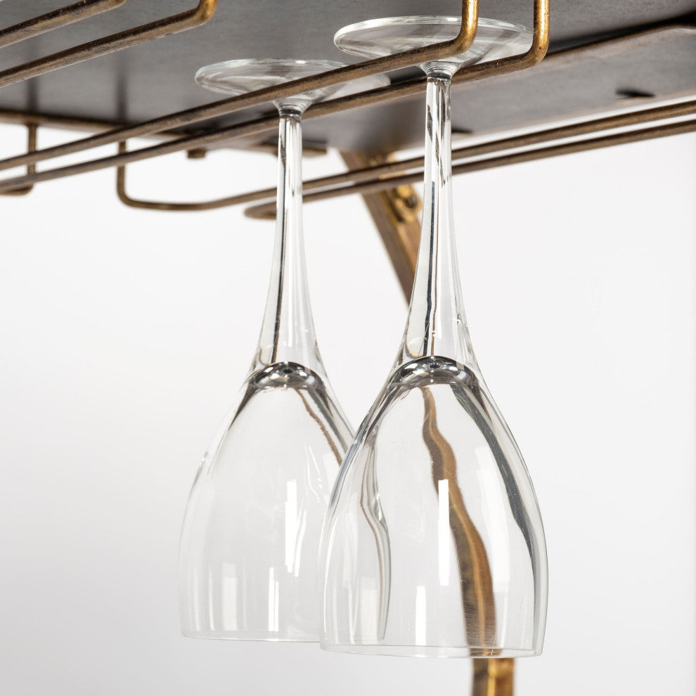 Carola Gold Frame Two-Tier Glass Shelves w/ Stemware Holder Bar Cart