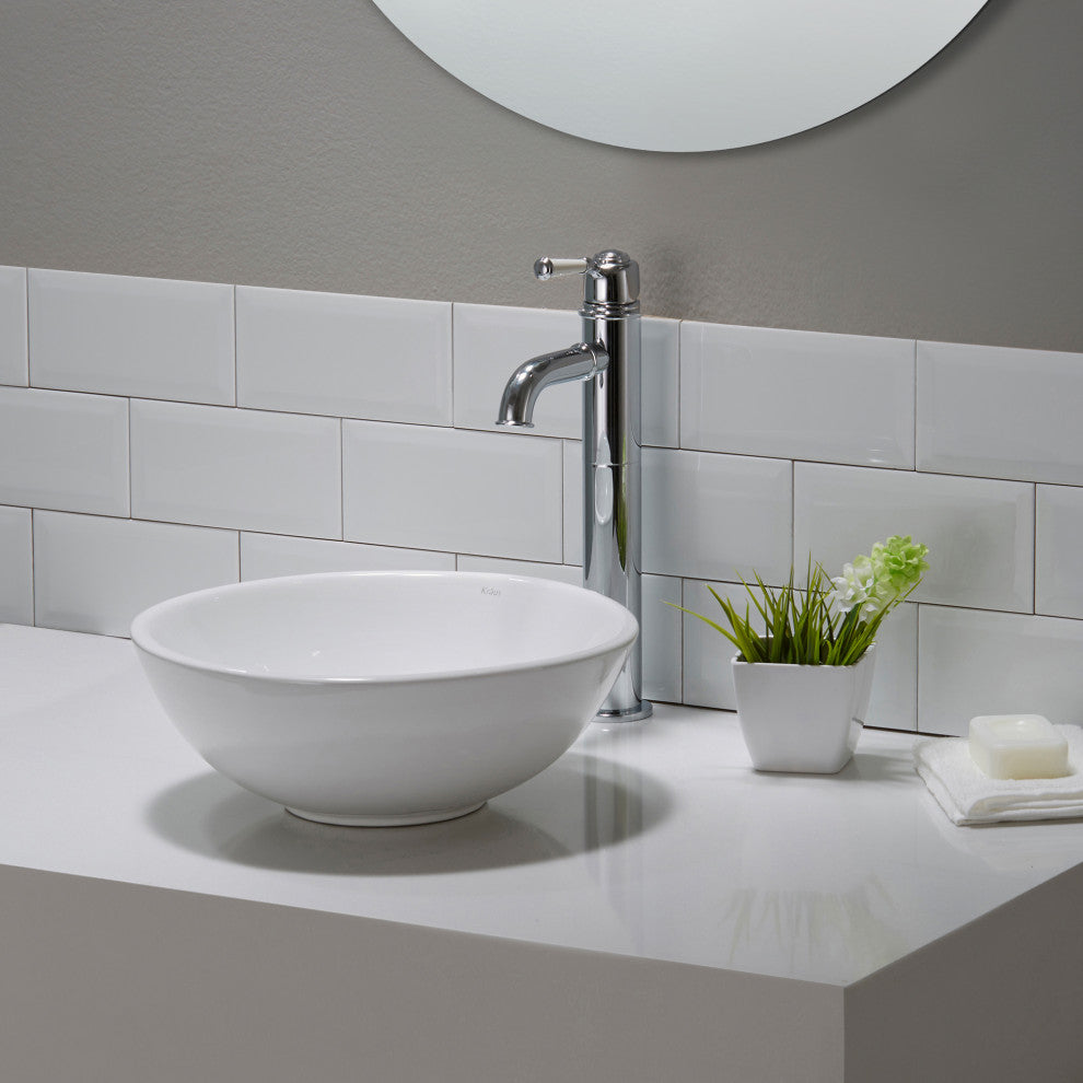 Elavo Ceramic Round Vessel White Sink, PU Drain Chrome