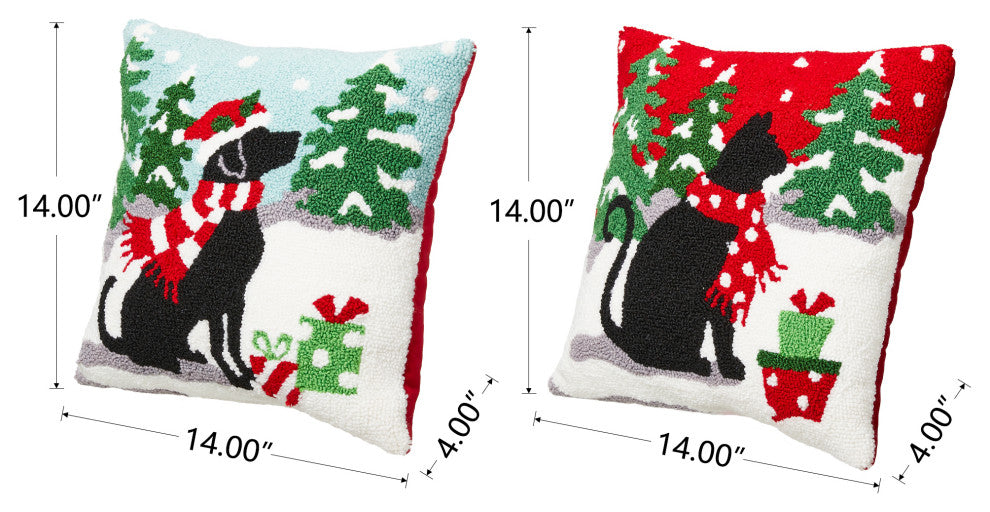 2pk 14"L Hooked Christmas Dog and Cat Pillow