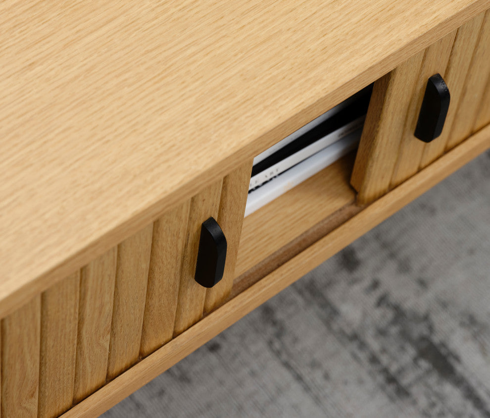 Mid-Century Modern Rounded Sliding Door Coffee Table 47x24, Natural Oak