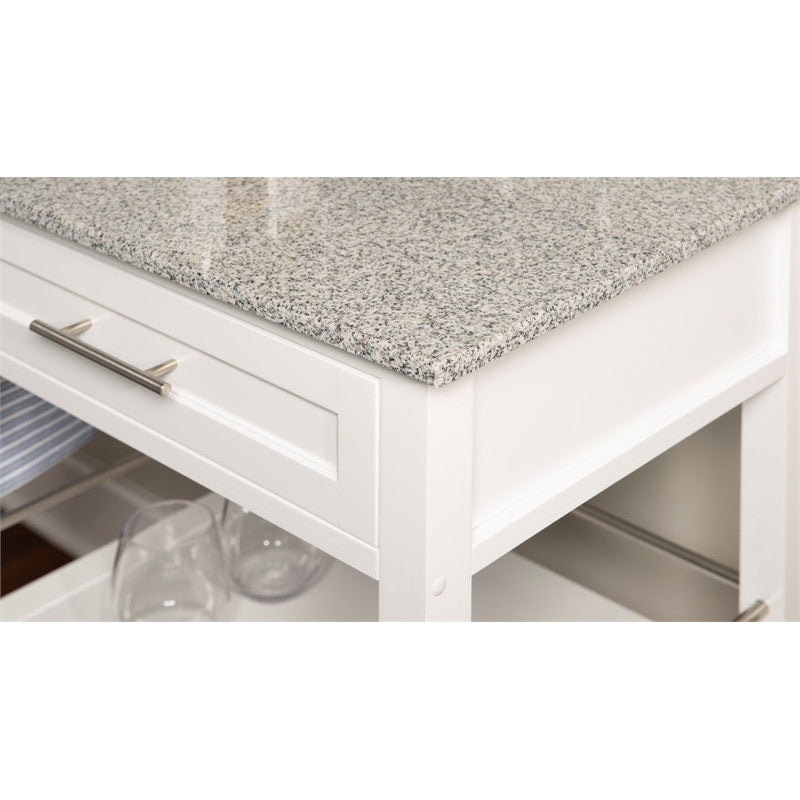 Linon Mitchell Wood Granite Top Rolling Kitchen Cart Ample Storage in White